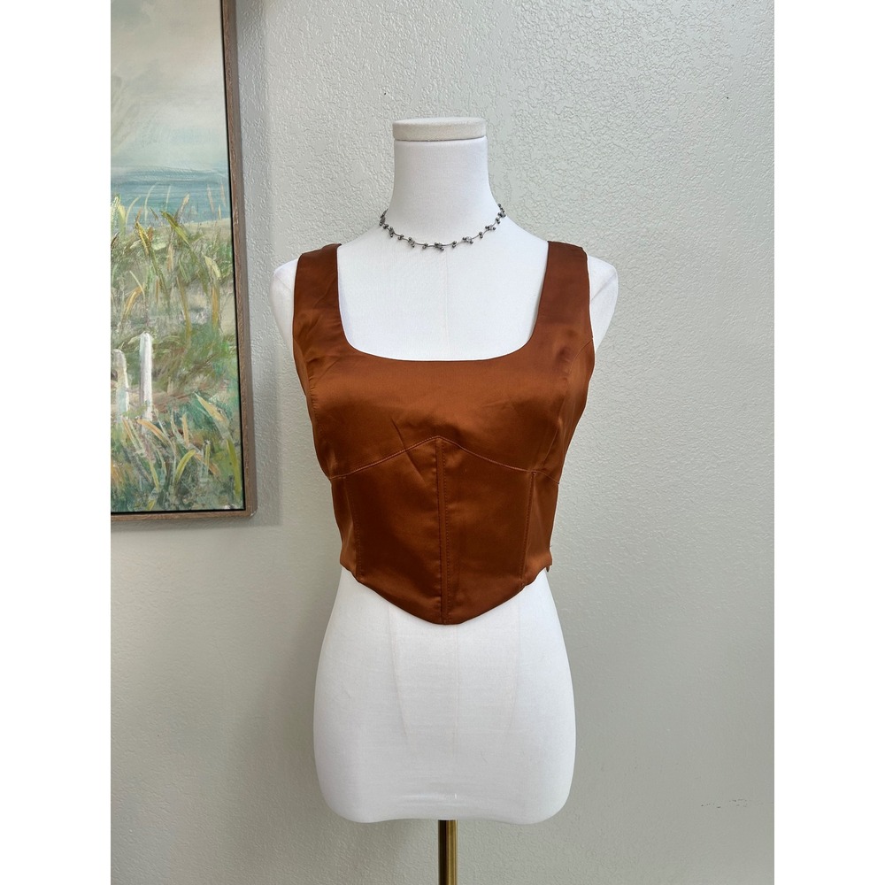 Forever 21 Rust Brown Satin Lace Up Back Corset Crop Top Small